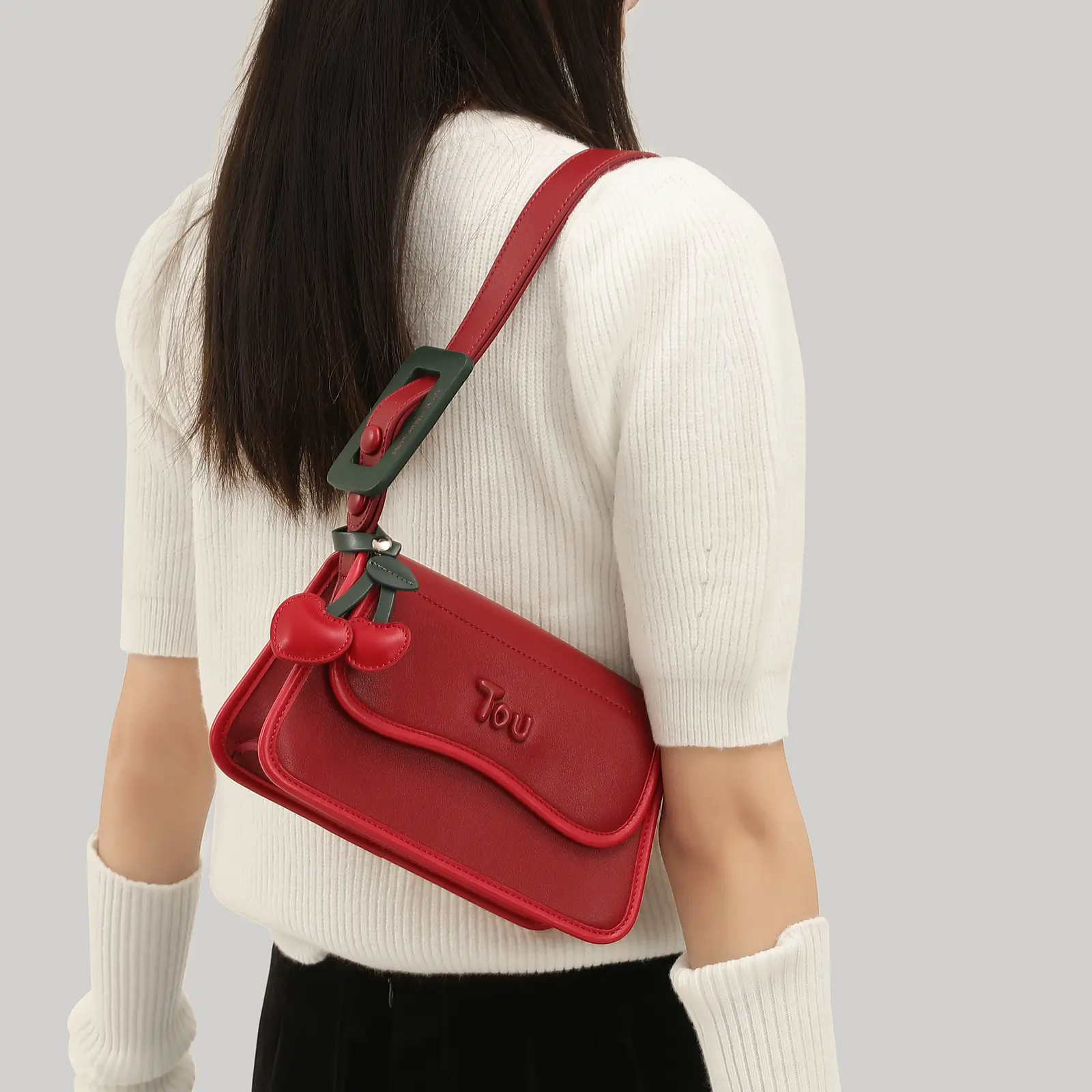 TOUTOU Red Women Handbag with Cute Cherry Pendent Original Designer Brand One Shoulder Crossbody Underarm Bag for Christmas Girl Gift 40791
