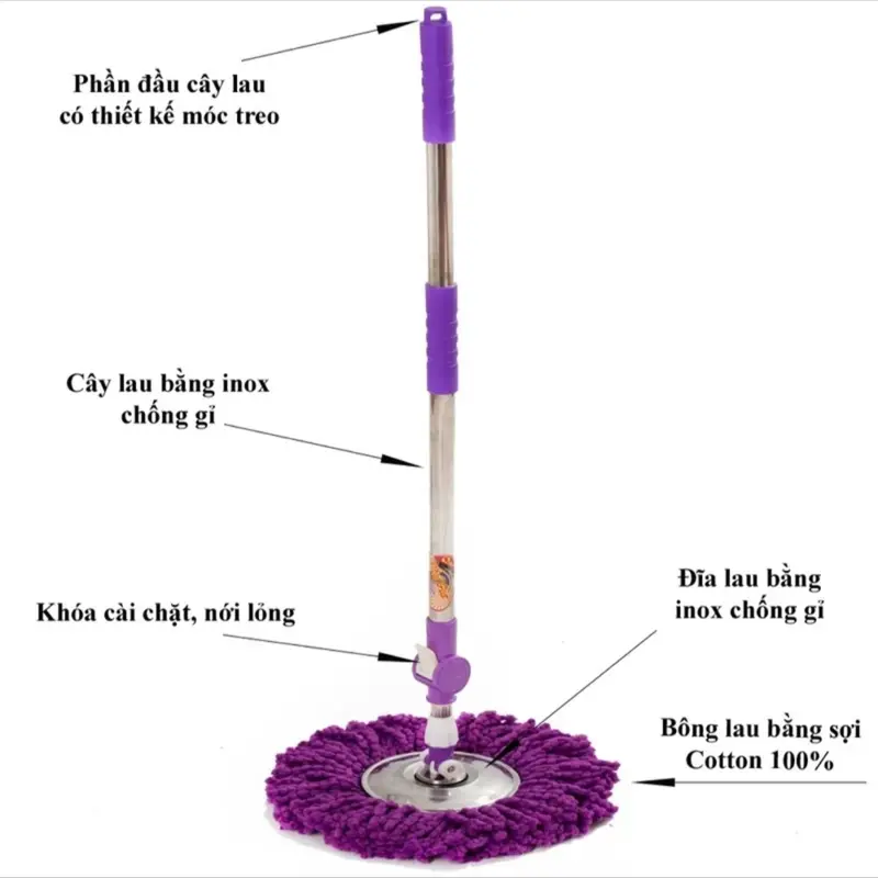 Chổi Lau Nhà Tím Xoay 360 Độ Tiện Lợi Mâm Inox - Mâm Nhựa Bông Lau Dày Siêu Thấm Hút Lau Sạch Bụi Bẩn 0