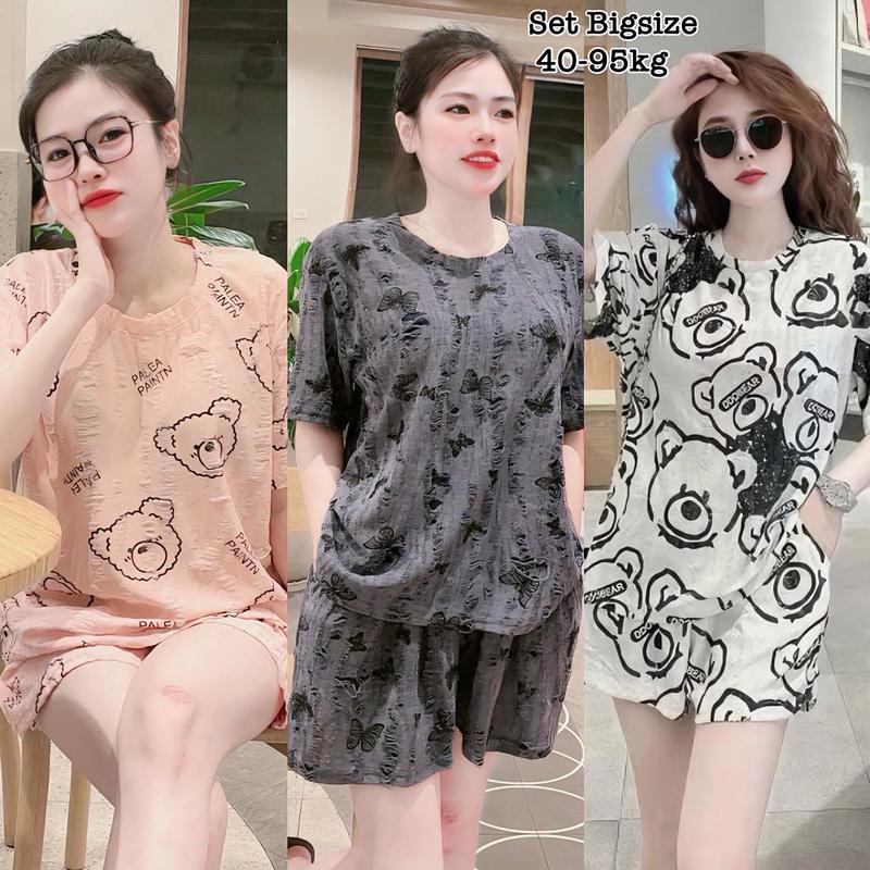 Thời Trang Bigsize HCM Giá Rẻ - Set Bộ Đùi Nữ Bigsize Áo Cổ Tròn và Quần Đùi Chất Vải Thun Chất Đũi Xước Rách Hot Hit Nữ Xinh Xắn Dễ Thương Thanh Lịch 40-95kg - 2261