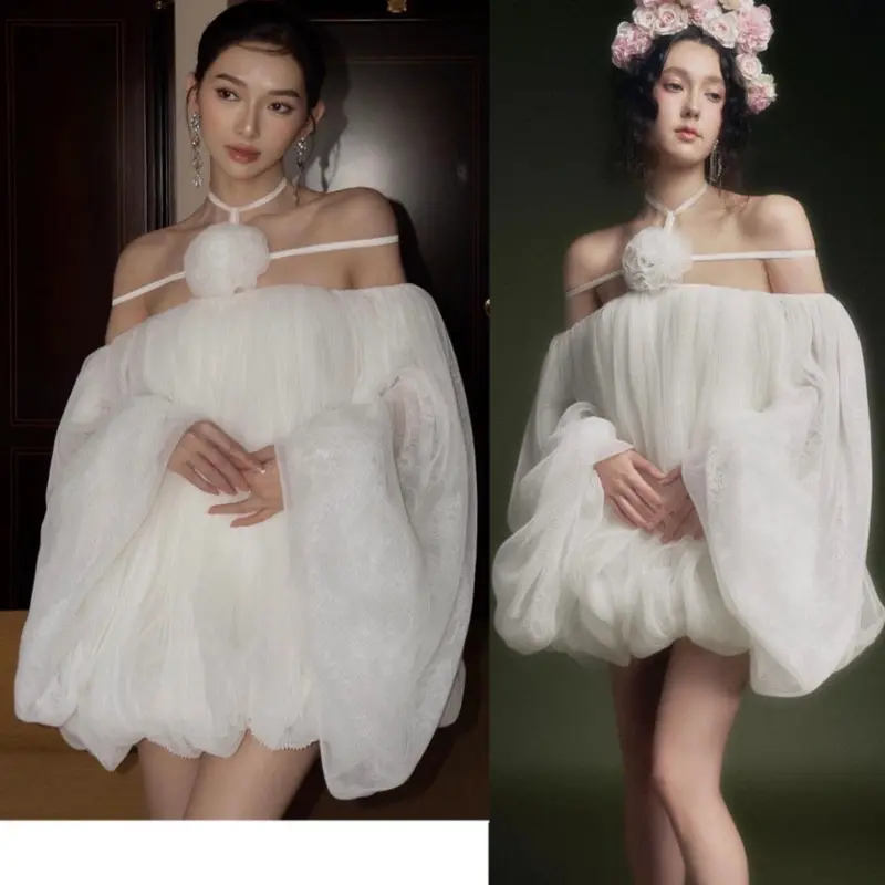 Đầm Trắng Trễ Vai Dáng Rộng Đính Hoa VEROMODA Đầm Bánh BèChất Vải Tơ Màu Trắng Cao Cấp Đẹp Quyến Rũ ,Sang Trọng 11 Nữ Women Dress Voan Nhung Voi Kim Tuyến 0