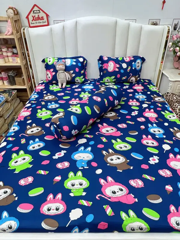VỎ ÔM KHÓA KÉO - BỘ GA GỐI 4 MÓN - CHẤT THUN 3D HÀN QUỐC- MẪU LABUBU SIÊU HOT 5