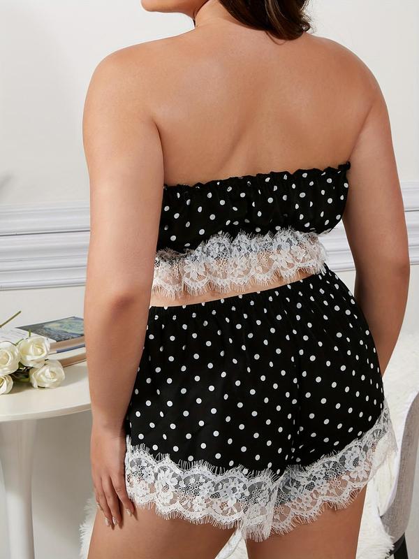 Plus Size Two-piece Set Polka Dot Print Contrast Lace Pyjama Set, Fashion Ruched Tube Top & Bow Front Shorts, Women's Two-piece Sleepwear Set for Summer 1