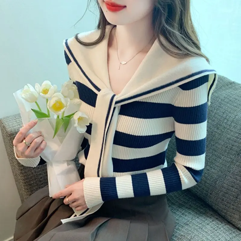Sọc Cho Nữ, Cổ  Hải Quân, Phong Cách Preppy Mới, Dệt Kim, Thích Hợp Cho Mùa , Dễ Phối Đồ có thể giặt máy  phụ  nữ Top Women đốm trắng đường thêu hàng dệt kim  kẻ ngang đen   real madrid sweater  trễ   tay Dài Tay    nữ quảng châu    love  back áo Tre 0