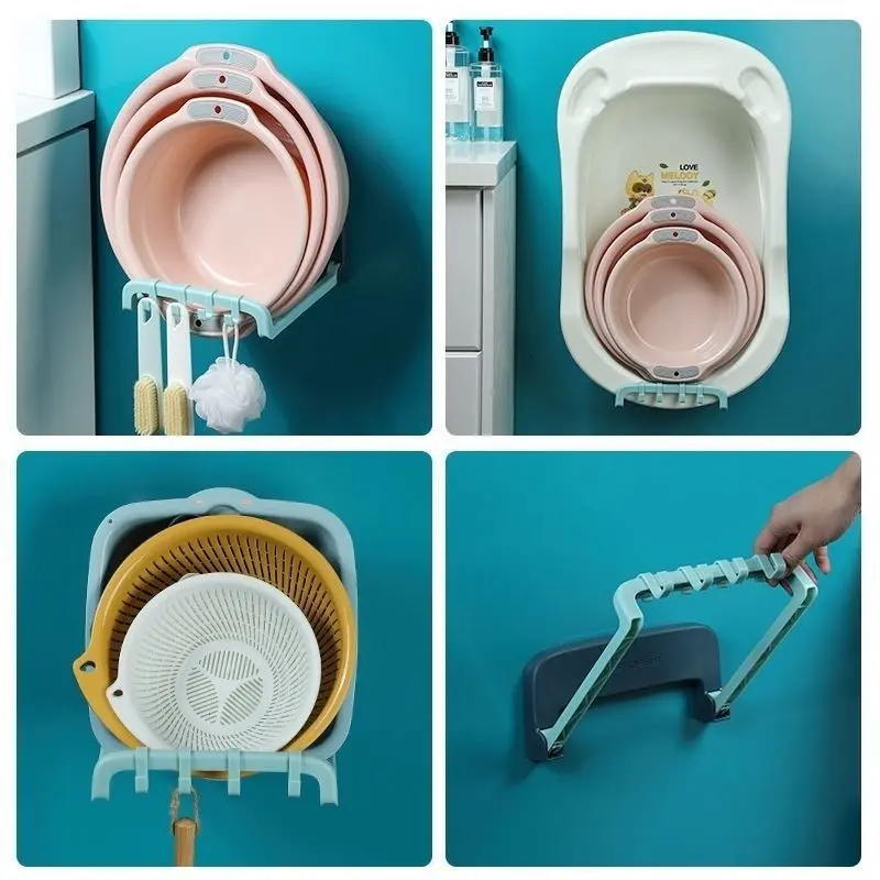 Giá Đỡ Chậu Rửa Gắn Tường Có Thể Gập Lại, Móc Tự Dính, Tiết Kiệm Không Gian, Giá Đựng Đồ, Giá Đỡ Chậu Rửa, Phụ Kiện Phòng Tắm 3