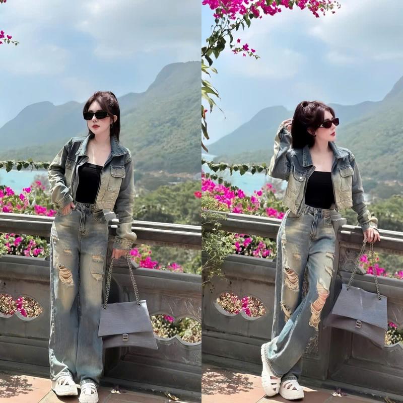 Set đồ nữ jean 3 món khoác ngoài tay dài cổ bẻ phối túi khóa kéo lót trong tăm lạnh mix quần suông rách gối dáng dài xinh xắn dành cho các nàng diện đi chơi đi tiệc.