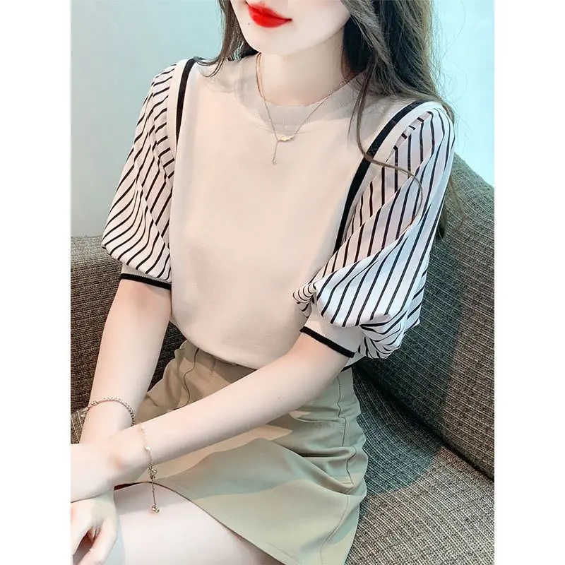 Áo Thun ngắn Tay Khâu Sọc, Quần Áo Mùa Hè Nữ, Thiết Kế Đẹp, Áo Tay Lửng Top Women