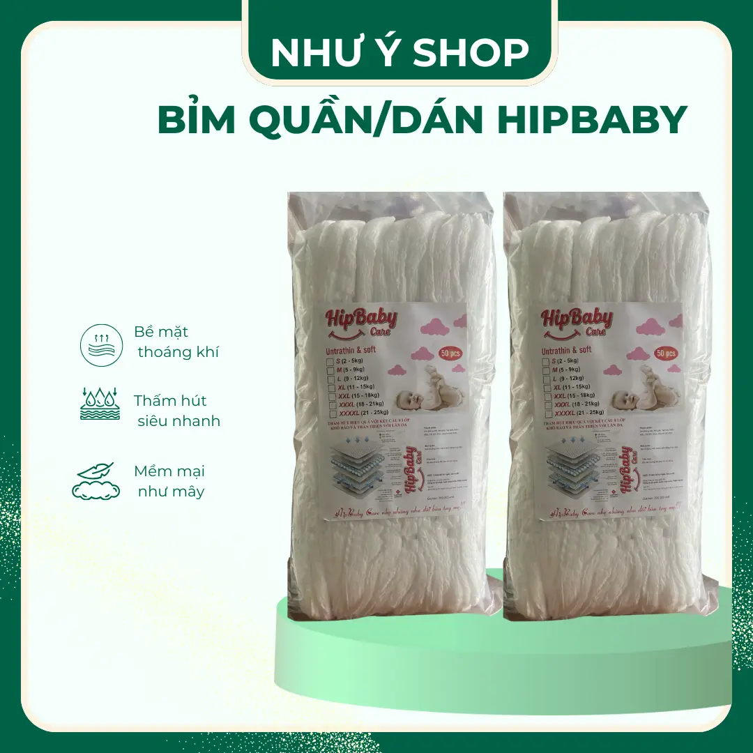 Bỉm Quần/Dán Hipbaby 100 Miếng Cho Bé Form Suông, Size M - 3Xl, Hút 500Ml Nước, Hàng Loại 1