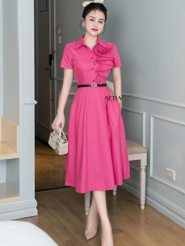 V1015 Doria Dress  Váy nữ thiết kế, dáng xòe, chất liệu mềm mại, dài qua gối phù hợp đi chơi, đi đám cưới, đi làm -Thoitrangsuha Women Màu Hồng 【 màu kem   váy thường mặc váy đen váycôngchúa hoànggia thời trang thường Formal Dresses đầm midi màu be thường