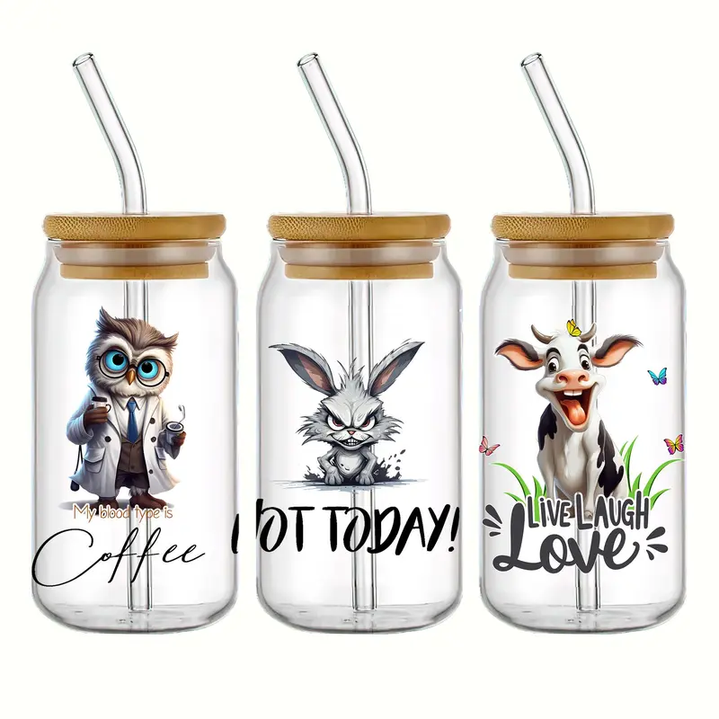 Cartoon Animal Pattern Cup Wraps, Waterproof Self-adhesive Transfer Sticker, DIY Decoration Supplies for Glass Jar Water Bottle Cup 3