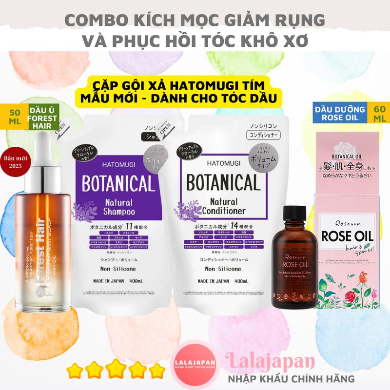 Combo 4 món : Dầu Gội và Dầu Xả Hatomugi Botanical Nhật Bản 400ml không chứa silicon, Dầu ủ Forest Hair 50ml, Dầu dưỡng Rose Oil 60ml