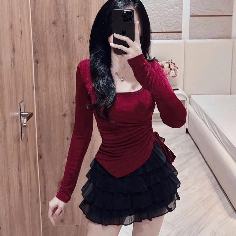 Áo kiểu tay dài cổ U vạt xéo dây rút 1 bên