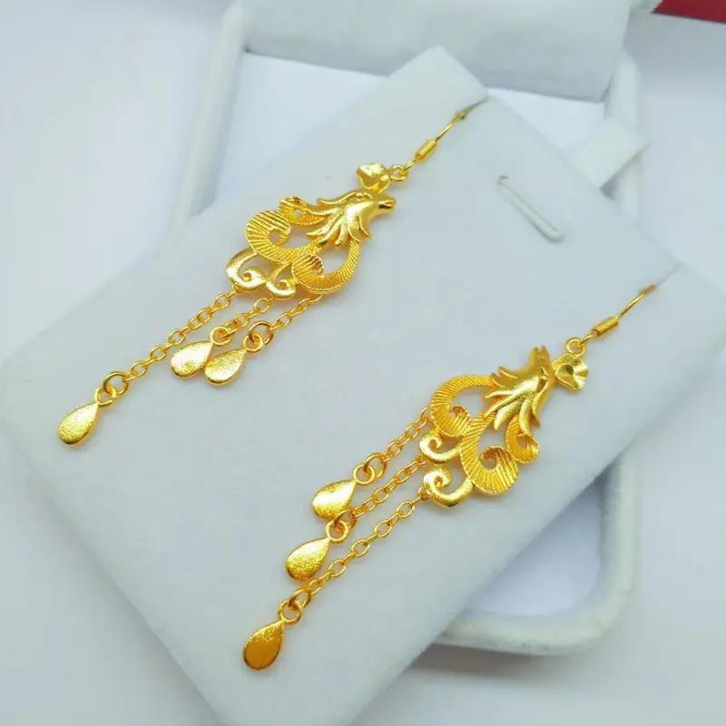 Hoa Tai Mạ Vàng, Thật, Cao Cấp, Móc Tai Phượng Hoàng Đám Cưới, Sợi Tai Tua Rua Dài,  Trang Sức Tai Đám Cưới, Có Thể Giặt Được, Màu Sắc Lâu Trôi 0