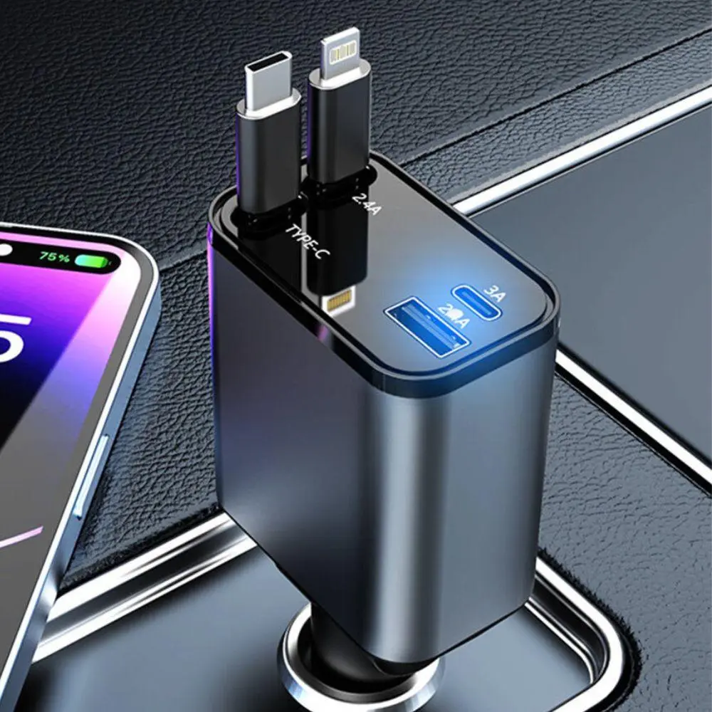 4 In 1 Digital Display Car Charger, Multifunctional Car Charger with USB Ports & Data Cable, Universal Car Charger for iPhone & Android Phone, Car Accessories