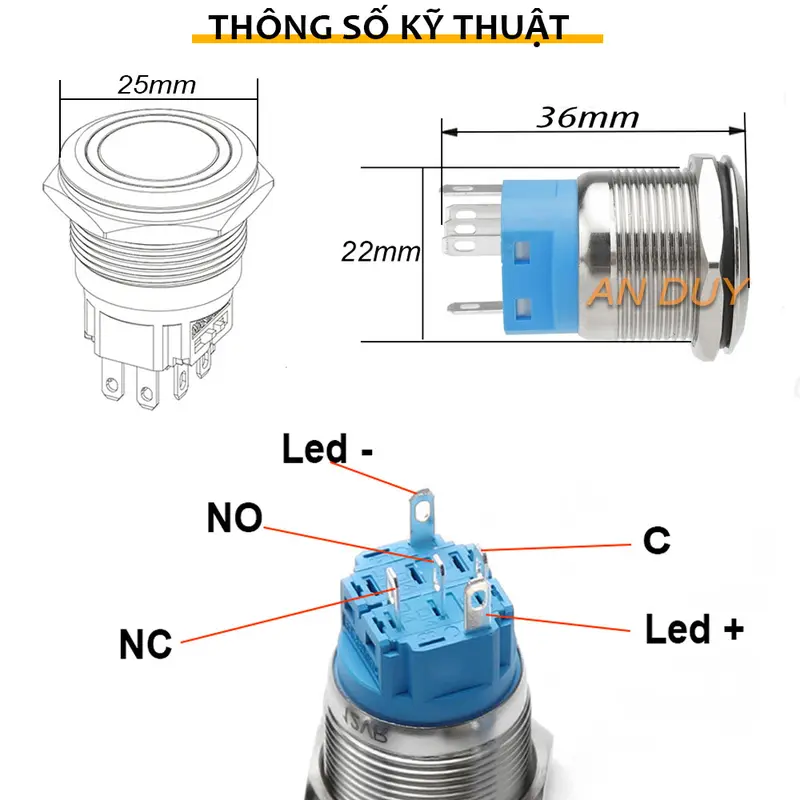 Nút Kim loại nhấn Tự nhả 22mm, Ấn Tự phục hồi có LED 3V-6V, 12-24V, 110-220V 8
