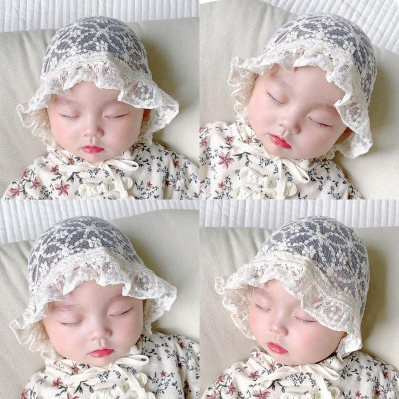 Topi Renda Bayi, Warna Putih, Rekaan Bunga Puteri, Topi Ruffle ...