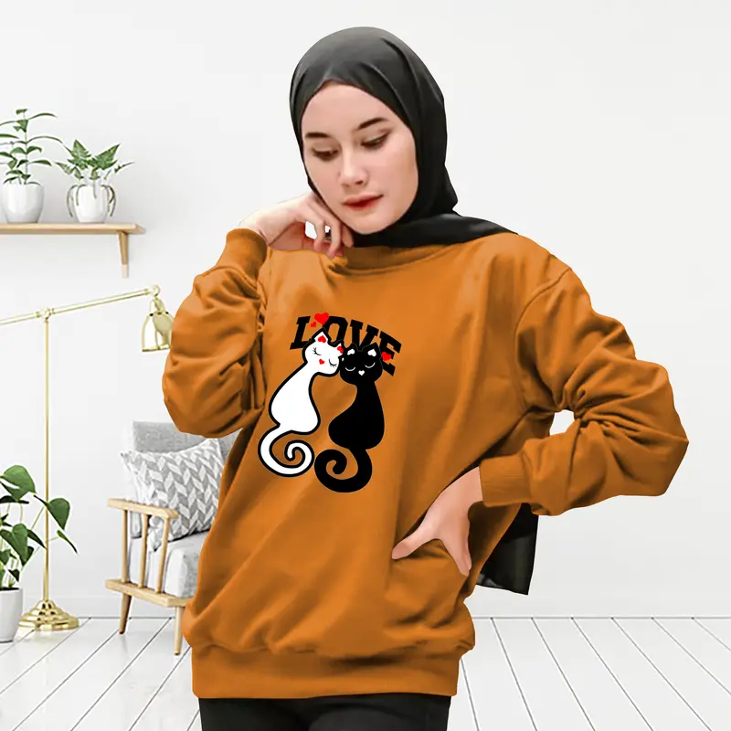 Atasan Wanita CAT LOVE Bahan Babyterry sablon DTF Baju Wanita / Kaos Wanita lengan panjang / Sweatshirt Wanita kaos couple ibu dan anak 1