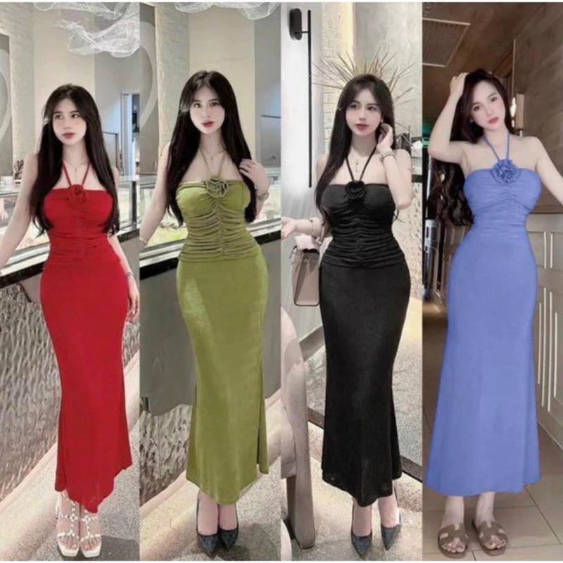 Đầm nữ dài kiểu yếm nhún trước hoa hồng giữa dây cột nơ hot trendinh Voan Dress d90