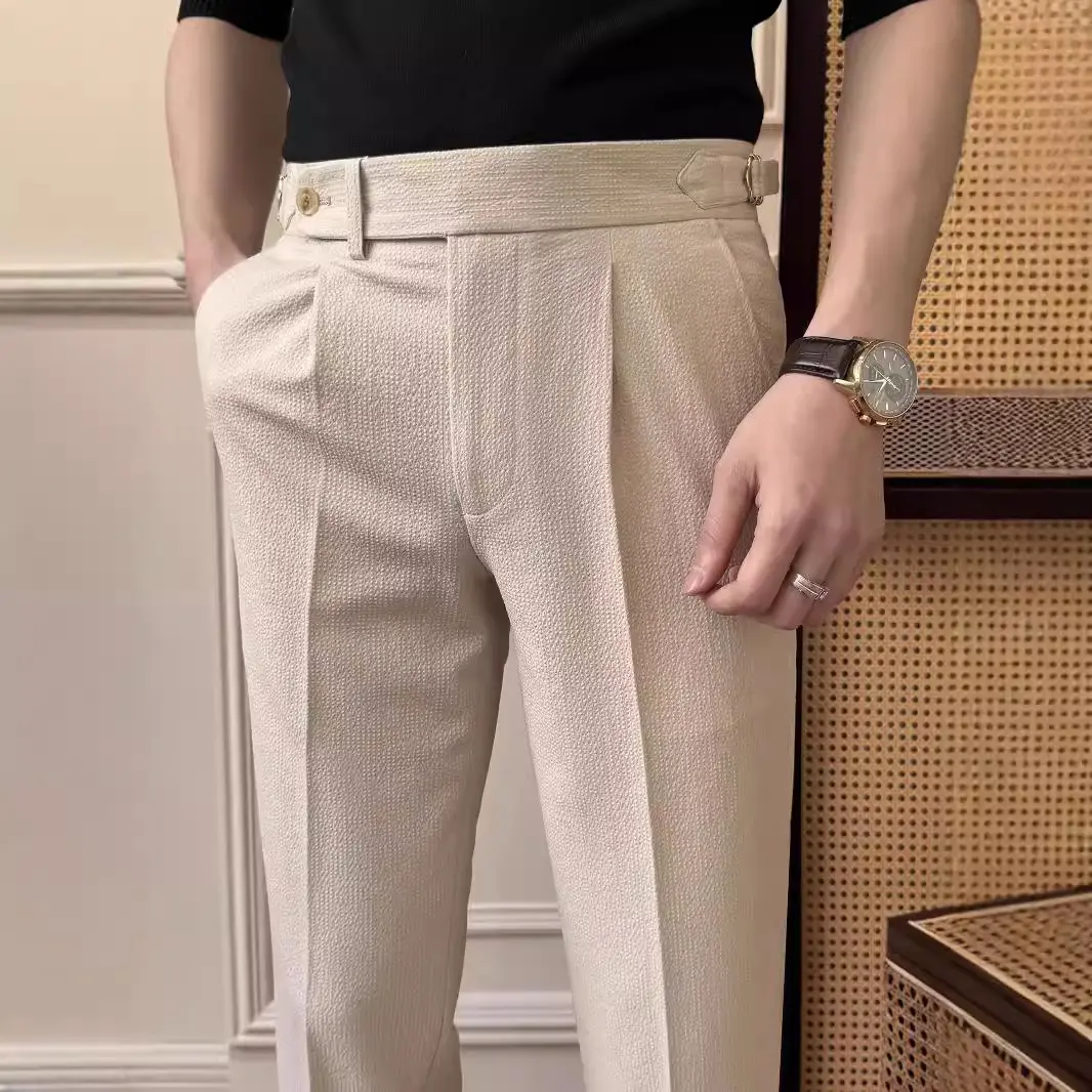 Men's Seersucker Napoli Pants - Slim Fit Casual Trousers |   Summer Lightweight Office Pants |   British Style Smart Chino for Men
