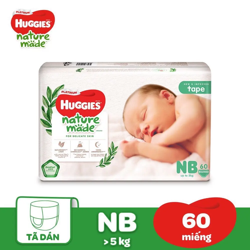 [HÀNG CHÍNH HÃNG CTY] Bỉm Huggies Platinum Nature Made, size M58/L44/XL 38/XXL26/S82/NB60, 100% sợi tự nhiên nhập khẩu từ Châu Âu - Kem, Nữ Cho Bé