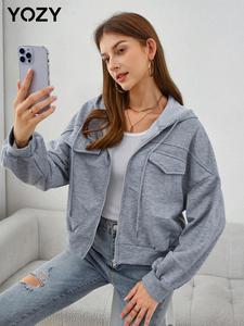 YOZY Women's Plain Drawstring Zip Up Hoodie, Casual Long Sleeve Pocket Hooded Sweatshirt for Fall & Winter, Women's Clothing for Daily Wear