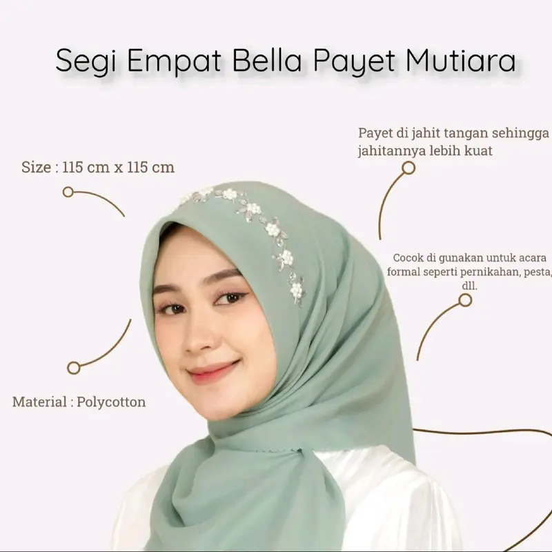 Segi Empat Bella Payet/ Bella Square Payet / Bella payet bando/ Bella payet mutiara/ Segiempat payet jilbab mutiara 0