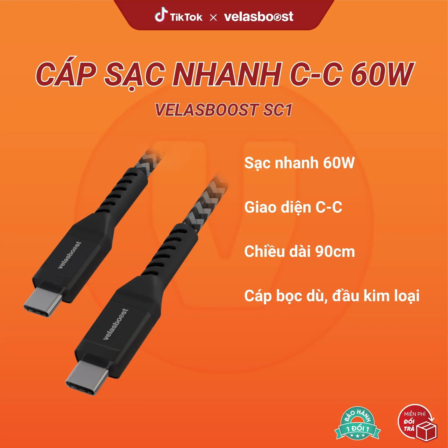 Cáp sạc nhanh 60W C-C SC1 velasboost, Dài 90cm, Thân cáp bọc dù, Đầu kim loại, Bảo hành lỗi 1 đổi 1