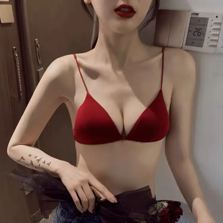 New French rimless triangle cup girl sexy red underwear thin strap back front buckle bra