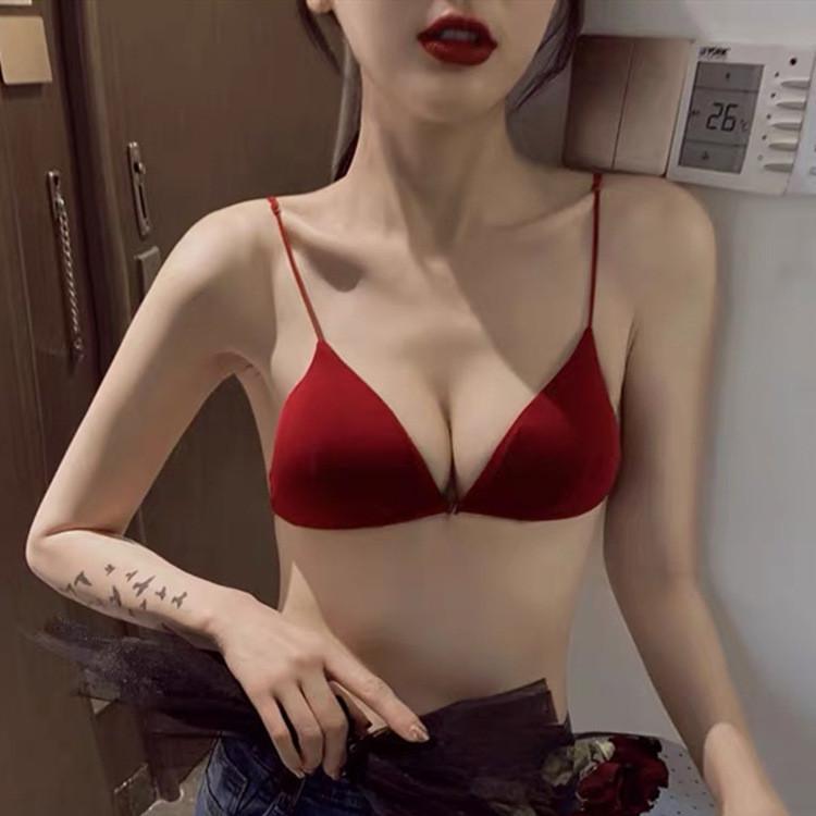 New French rimless triangle cup girl sexy white underwear thin strap back front buckle bra 7