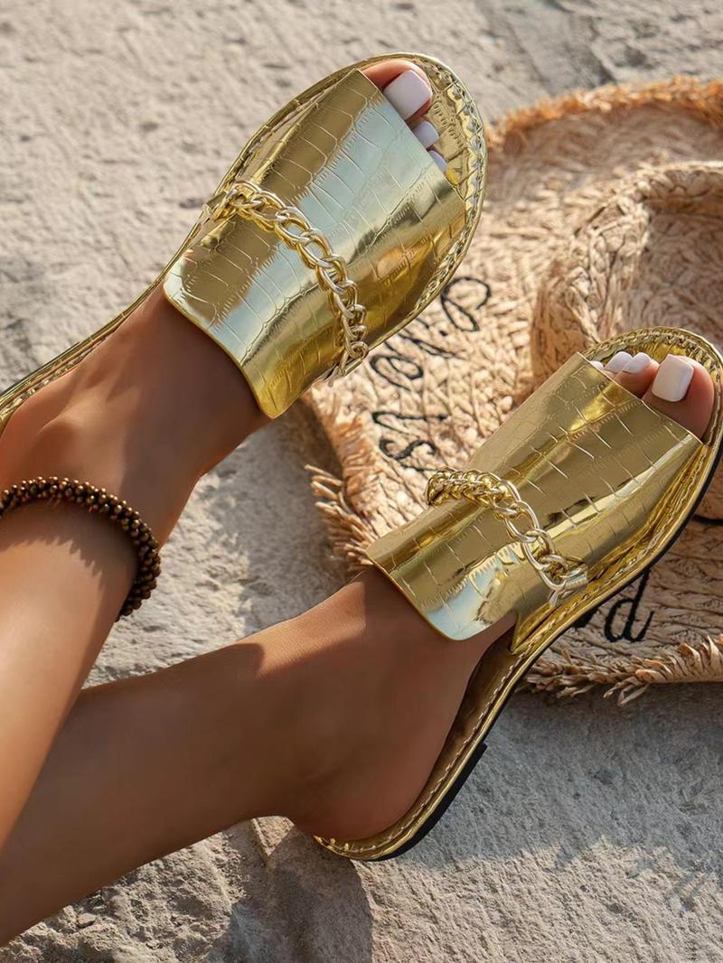 Product Introduction of Women's Fashionable Chain Decorated Slides, Casual Comfortable Flat Sandals for Summer, Lightweight Breathable Shoes for Beach Vacation, Footwear 8