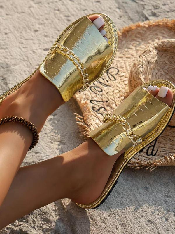 Women's Fashionable Chain Decorated Slides, Casual Comfortable Flat Sandals for Summer, Lightweight Breathable Shoes for Beach Vacation, Footwear 7