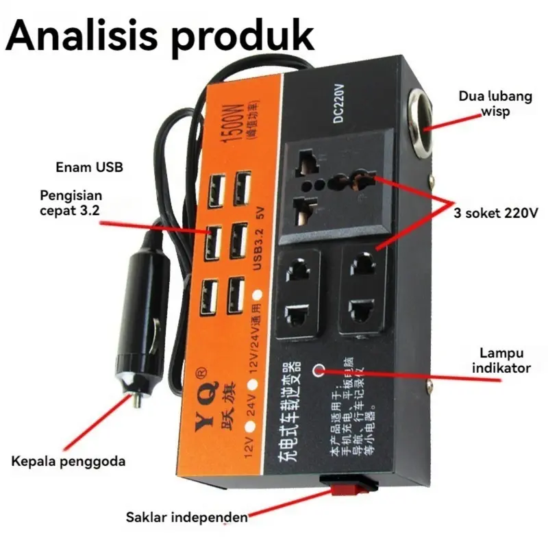 1500W DC Portable USB Car Power Inverter Adapter With 6 USB Ports 12V/24V To AC 220V Charger Fast Charging Car Universal Socket black Paket ResellerFyur 2