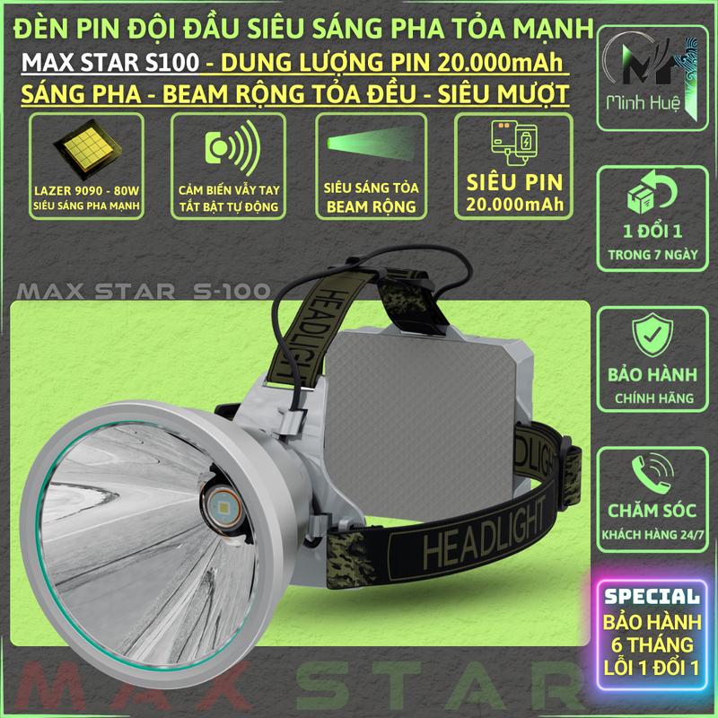Đèn đội đầu siêu sáng mạnh tỏa rộng MAX STAR S100 pin 20000mAh sạc dự phòng chống nước IPX7 độ sáng 7500 Lumen công suất 80W flashlight den doi vỏ nhựa abs chạy bằng pin bin 1000000