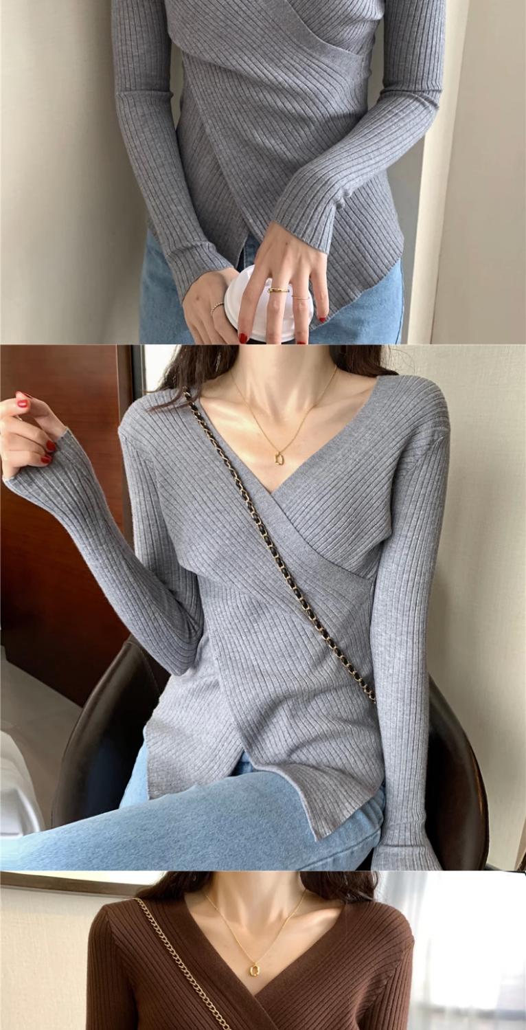 Product Introduction of 2025 Spring and Autumn New Design Sense V-neck Slim Knit Bottoming Shirt Cross Long Sleeves Sweater Outerwear Top Tide 12