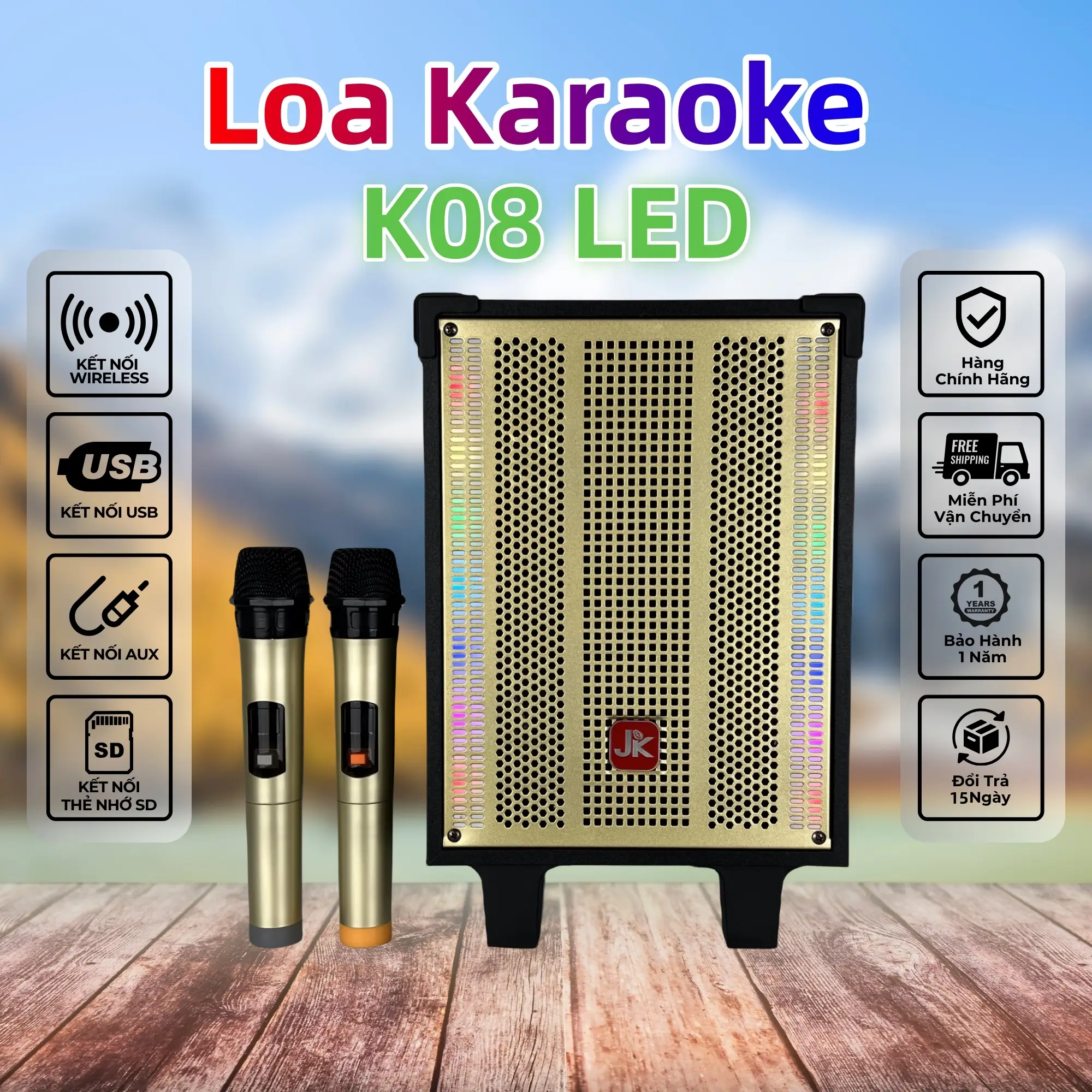 JK-K08 K08A/B 120W Loa Karaoke Di Động Nghe Nhạc Xách Tay Bluetooth Bass 20cm,  kèm 2 Micro không dây, LED tạo hiệu ứng 8 chế độ, Loa ngoài trời, Loa gia đình - Bảo Hành 12 Tháng