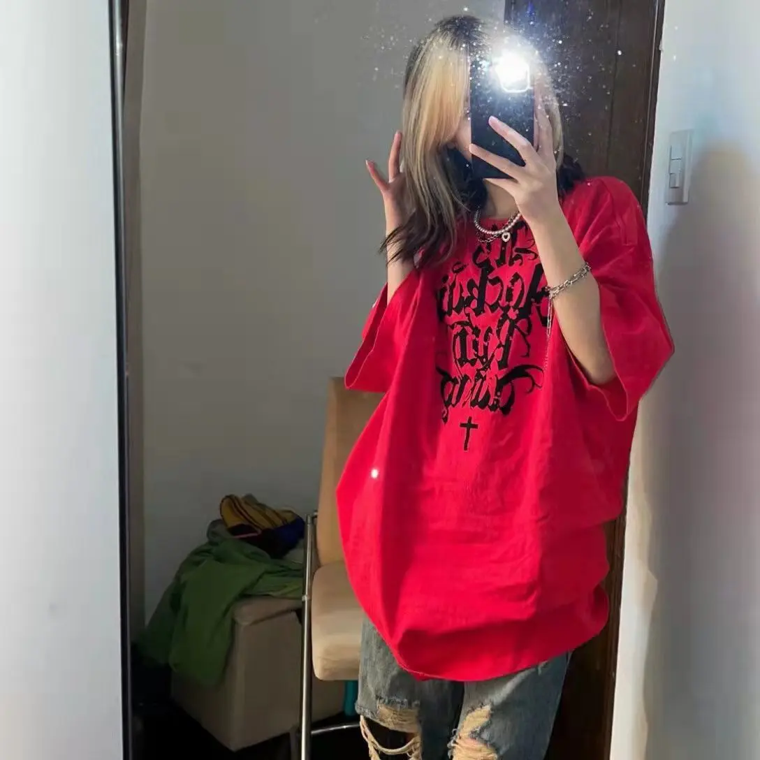 [100 No Pilling] European and American Street Style Letter Print Short Sleeve T-Shirt Unisex Ins Loose Casual Crew Neck Top love  bonito kaos  shoulder