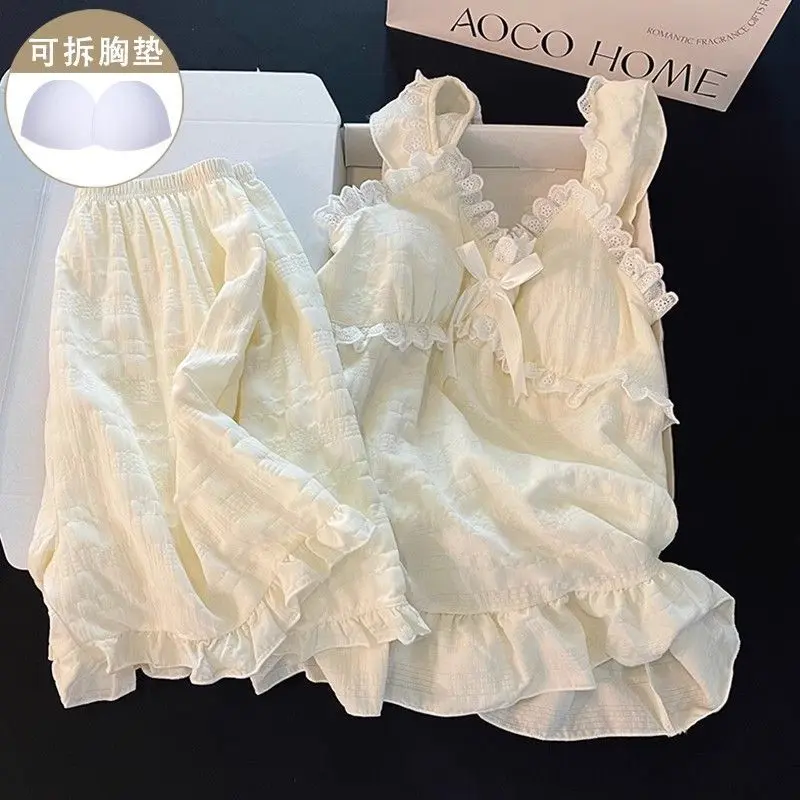 Bộ Đồ Ngủ Mùa Hè, Đệm Bông Cho Nữ, Quần Đùi Công Chúa Ngọt Ngào Bộ Hai Mảnh, Ren Mỏng, Đồ Mặc Nhà Cho Nữ, Hàng Mới Về 2024 Women Áo