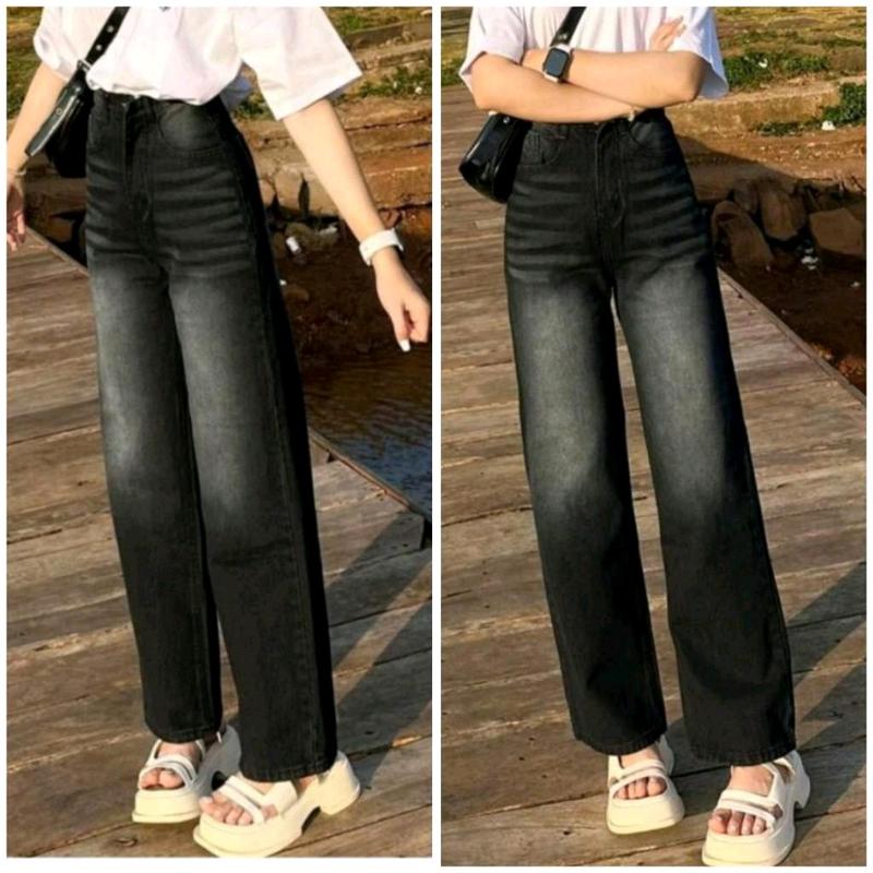 Quần jean suông màu đen pha khói cạp cao tôn dáng