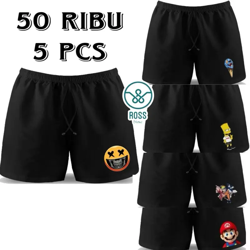 paket 5 pcs celana pendek boxer premium pria wanita kolor hitam polos motif anime sablon dtf