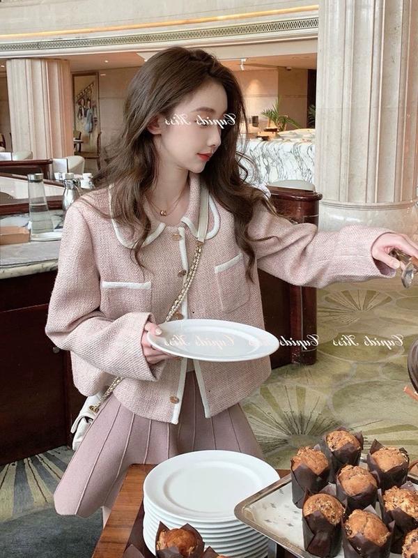 Áo  khoác dạ tweed, Áo khoác cổ sen phối cổ tiểu thư  Tết 2024