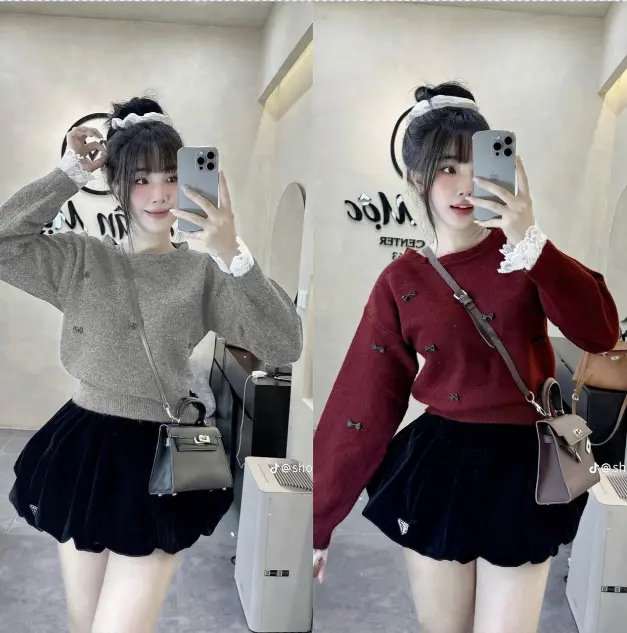 SET TK NỮ ÁO THUN TĂM QC ĐÍNH NƠ KÈM CHÂN VÁY BÍ.NHUNG XÒE SIÊU XINH CHO NỮ DỊP GIÁNG & LỄ TẾT 2025