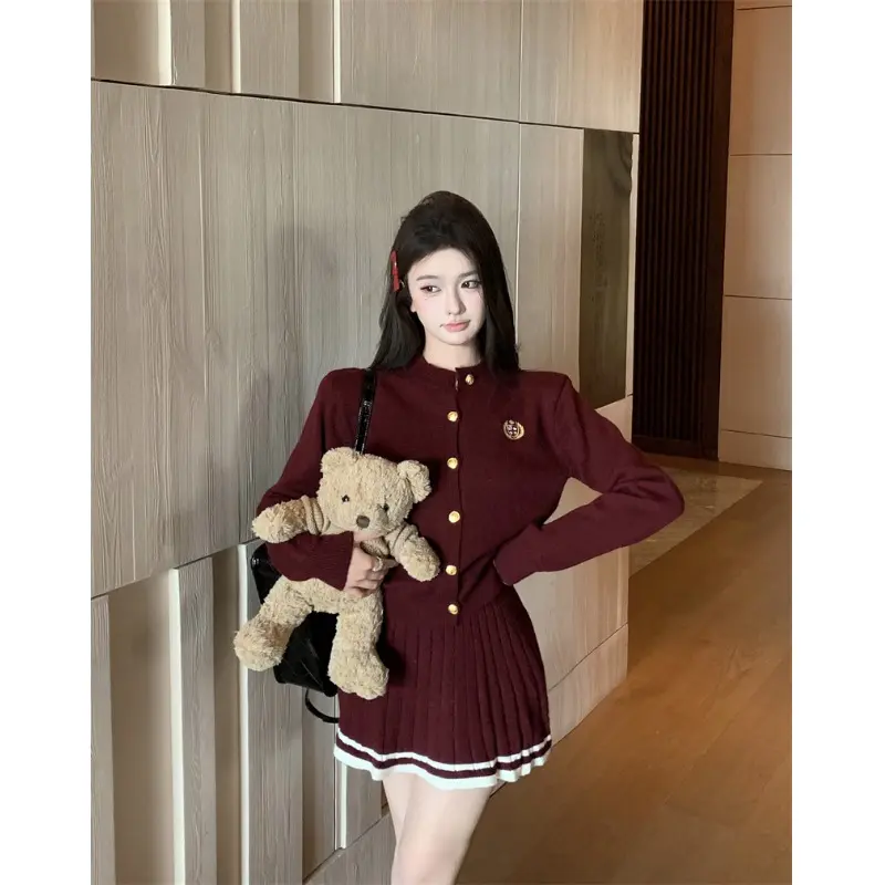 Preppy Style Suit Sweet Red Long Sleeve Sweaters Cardigan Women's Autumn Wear Pleated Skirt Two-Piece Set Trendy Style Womenswear Overalls Lingerie Lady Clothing Comfort