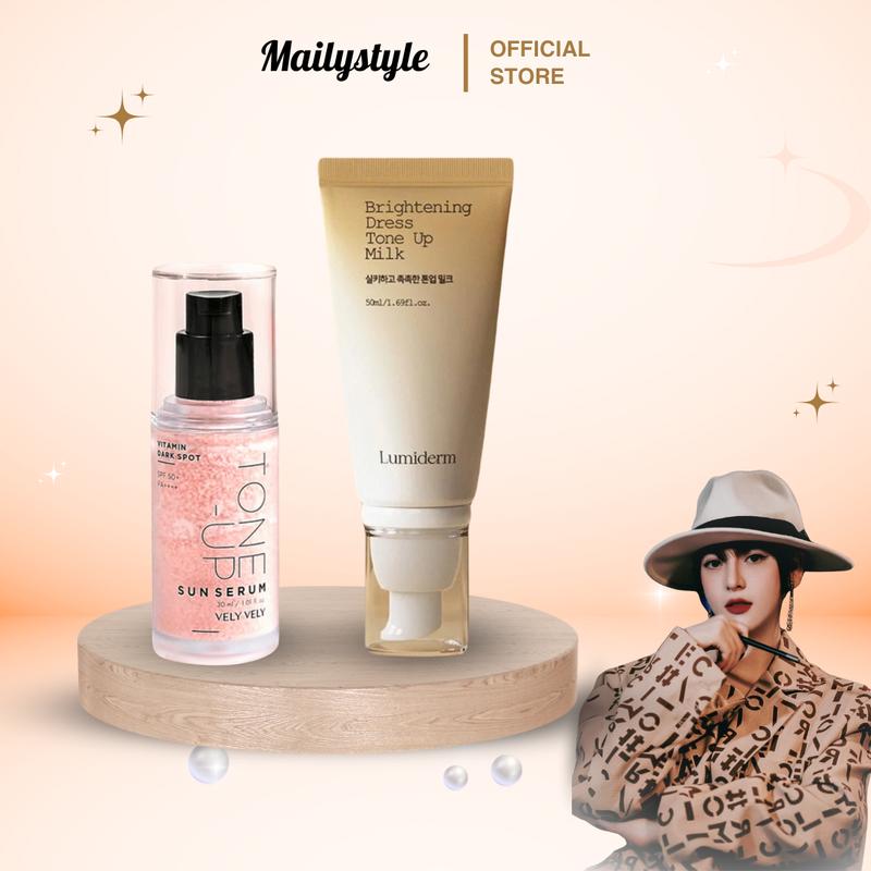 S56_ Combo 1 Lọ Serum chống nắng Tone-Up Sun Serum Vely Vely 30ml (A213) + 1 Tuýp Kem Nâng Tone Up Milk Lumiderm (M22)