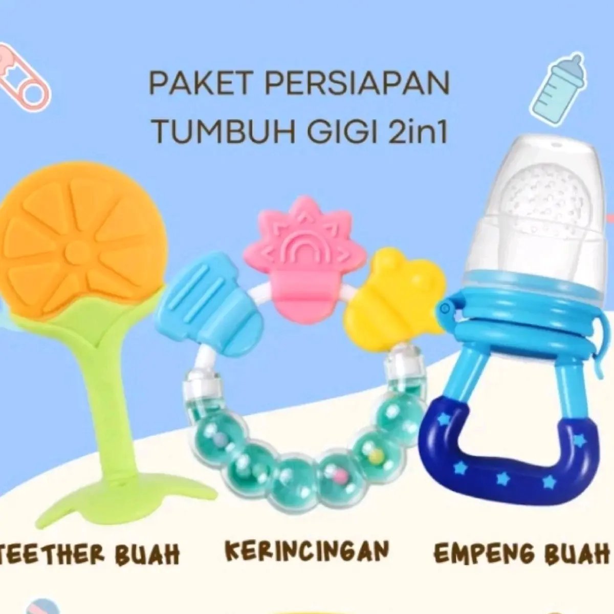 Paket 4 Persiapan Tumbuh Gigi Bayi/Paket tumbuh gigi bayi isi 3/Teether buah/empeng buah/Kerincingan