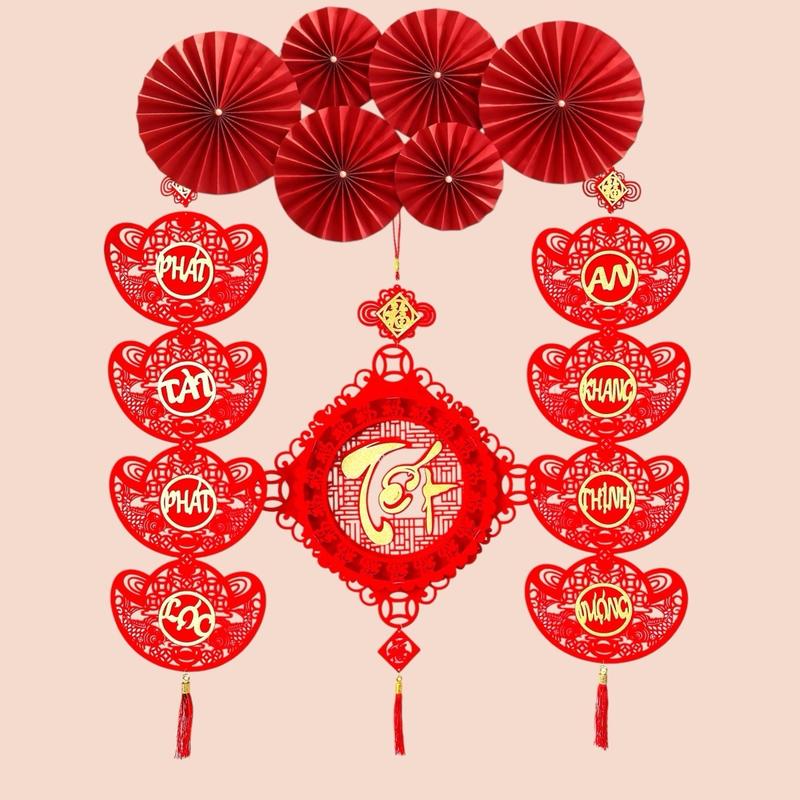 Combo 3 món trang trí tết câu đối + Khánh Tết +Set quạt hoa