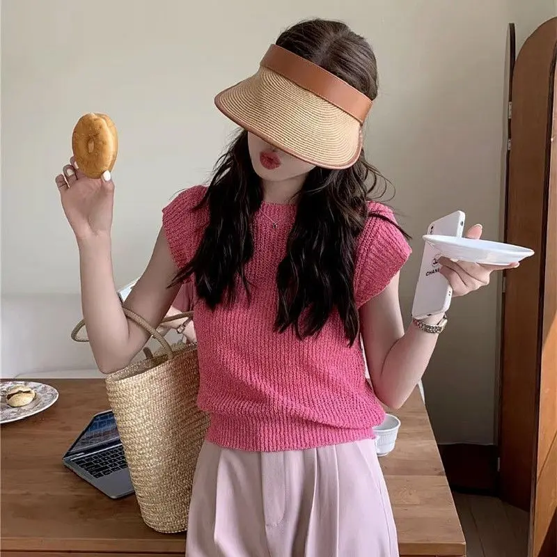 Áo Thun ngắn Tay Dệt Kim, Chất Liệu Lụa Lạnh Thiết Kế Khoét Lỗ Kiểu Vai Thông Thường Dáng Ôm, Thích Hợp Cho Mùa Hè, Thiết Kế Đẹp, Độc Đáo, Mỏng Vừa Vặn, Áo ngắn Tay Nhỏ Flutter