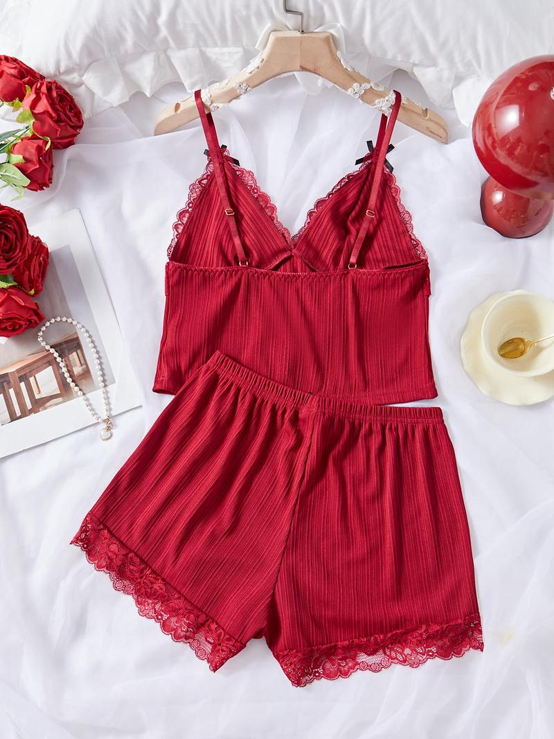 Product Introduction of Women's Plain Bow Decor Crop Cami Top & Lace Trim Shorts Pyjama Set, Casual Comfy Spaghetti Strap Camisole & Elastic Waist Shorts PJ Set, Ladies Sleepwear for All Seasons 8
