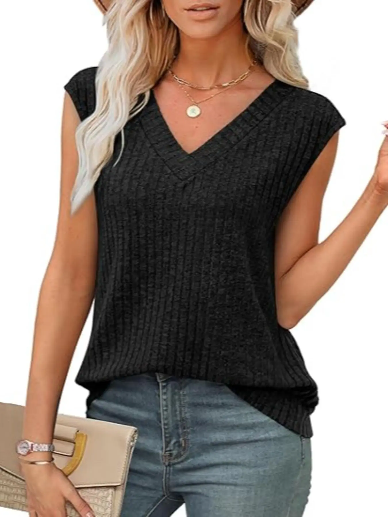 【Plus Size】 Solid V Neck Ribbed Sweater Vest, Casual Sleeveless Knit Top for Summer, Women's Plus Clothing for Daily Wear