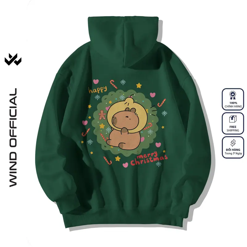 Áo hoodie unisex form rộng WIND Capybara Merry Christmas hoodie nút bấm thời trang nam nữ nỉ bông oversize Menswear Dài Tay Tay Dài 6