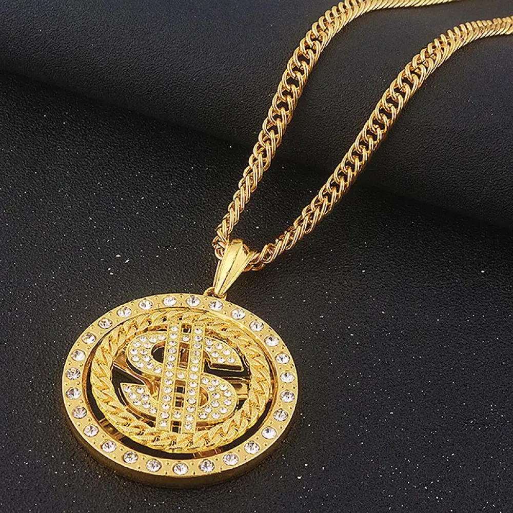 Big Rotatable US Dollar Money Sign Pendant Necklace Men Rapper Hip Hop