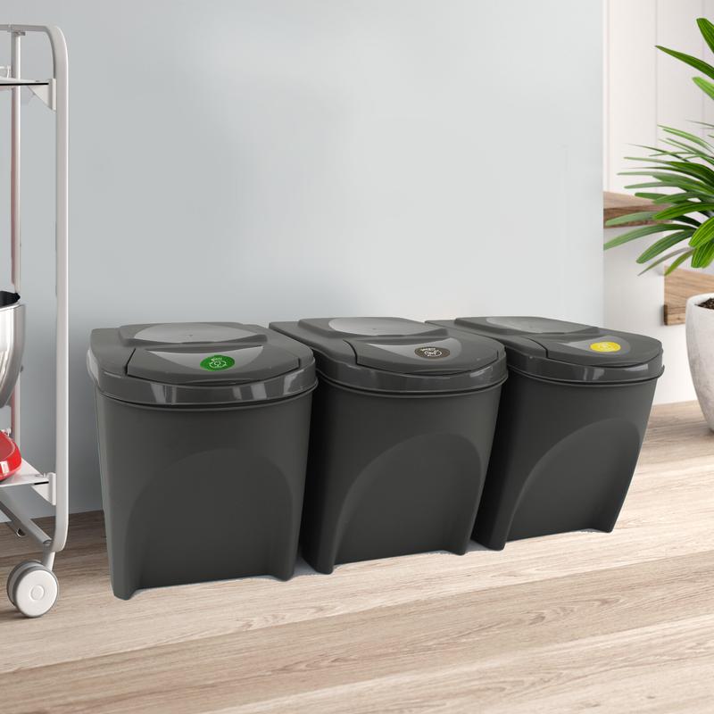 Set of 3 25 Litre Stackable Recycling Bins Storage Box with Lid, Grey Recycle Bin Organisers with Stickers, Garbage Home Kitchen Bin with Lids 4